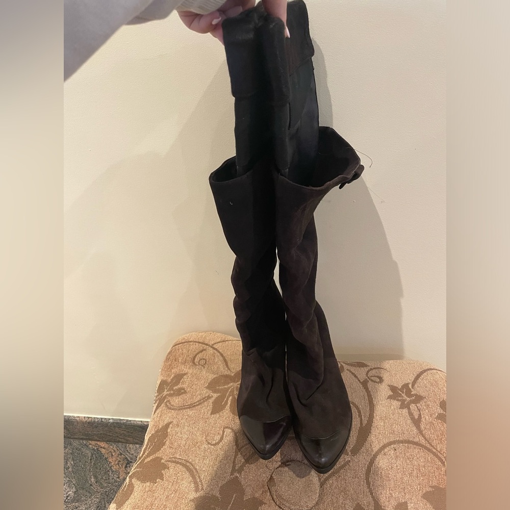 Manolo Blahnik Brown/ Ponyhair Suede Over The Knee Boots Size 37.5